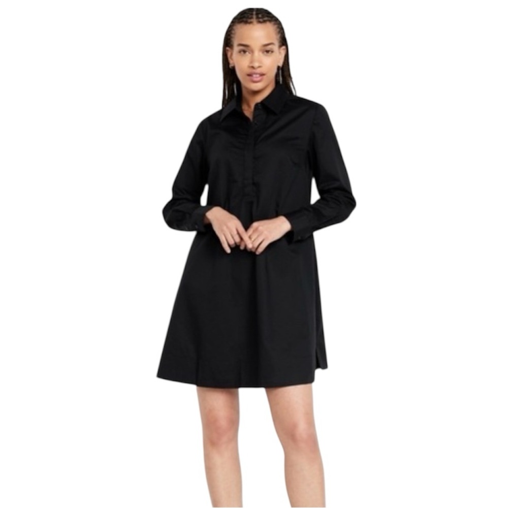 NWT- Old Navy Black Long Sleeve A-line Dress w/ Button Front